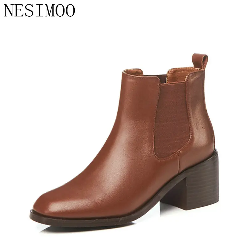Véritable Nesimoo Dames Noir jiao Talons Tang Taille Sur Bout Carré Glissement 3442 Noir Bottes 2019 Hauts Cheville À Cuir Moto Chaussures Se Femme Acj4R35LqS