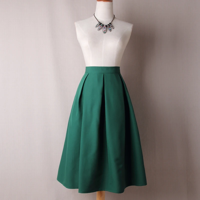 Женские плиссированные юбки с высокой талией, летняя и осенняя винтажная рабочая одежда до колена, однотонные вечерние бальные юбки размера плюс - Цвет: Green