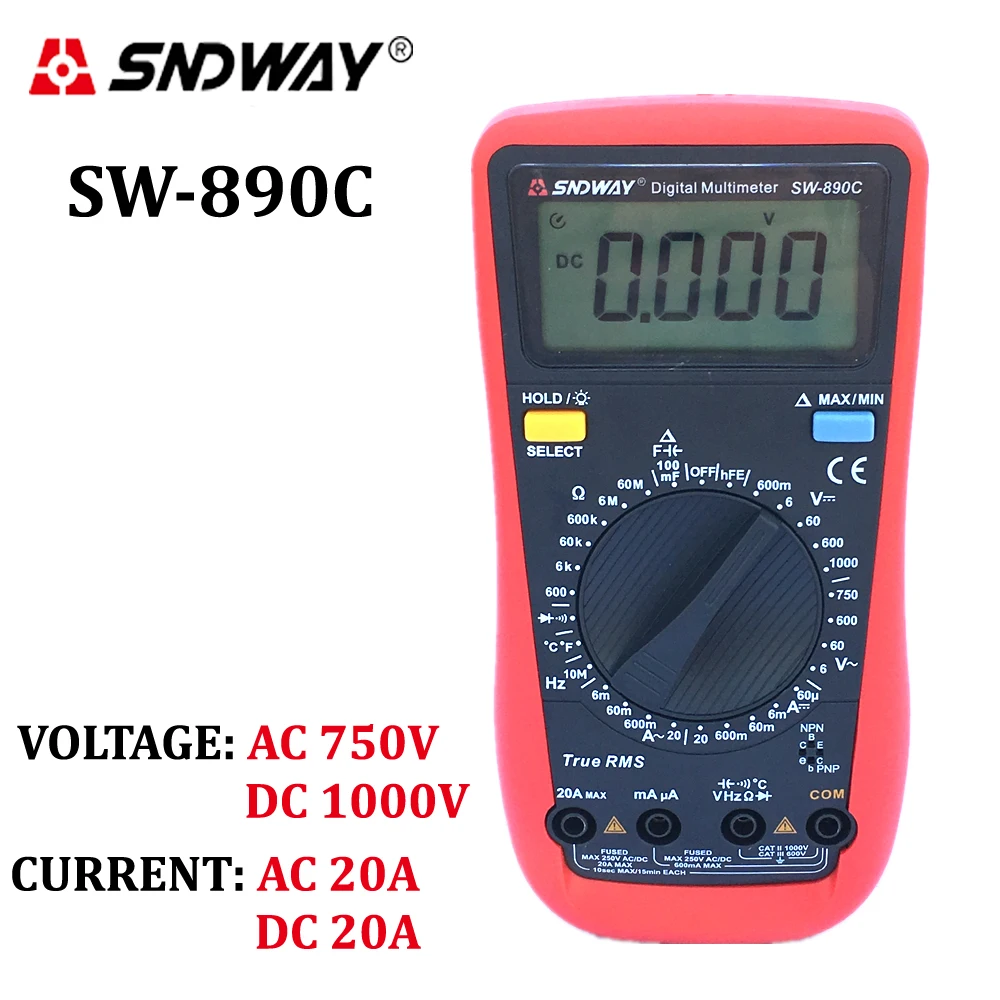 

SNDWAY Digital Multimeter TrueRMS ACDC voltage current ammeter voltmeter ohm resistance capacitance frequency temperature tester