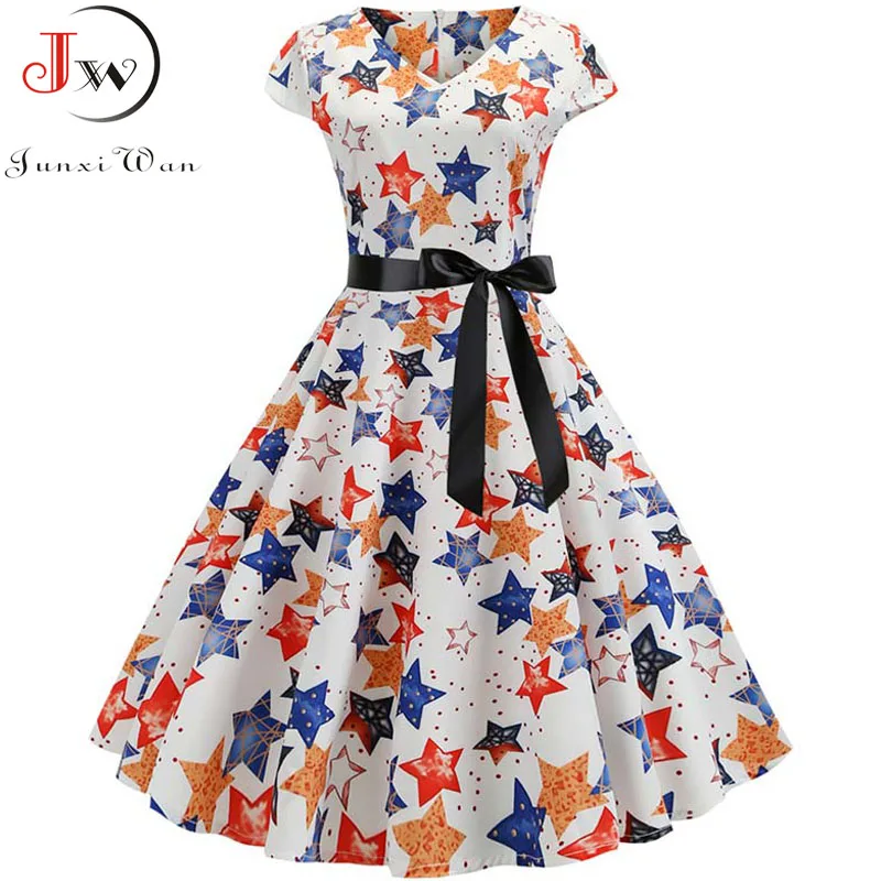 

Star Print Women Elegant Summer Dress 2019 V Neck Retro Vintage A-line Party Dresses Casual Rockabilly Swing Pinup Vestidos