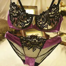 Женский прозрачный бюстгальтер, наборы, сексуальный бюстгальтер, ультра тонкий комплект нижнего белья размера плюс, C, D, чашечки, кружевное нижнее белье с вышивкой, фиолетовый бюстгальтер