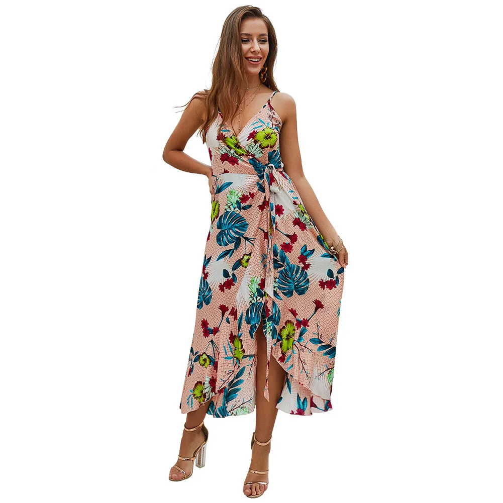 

Spaghetti strap sexy deep V neck women dress Bohemia print summer dress elegant ruffles split long dress holiday beach dress