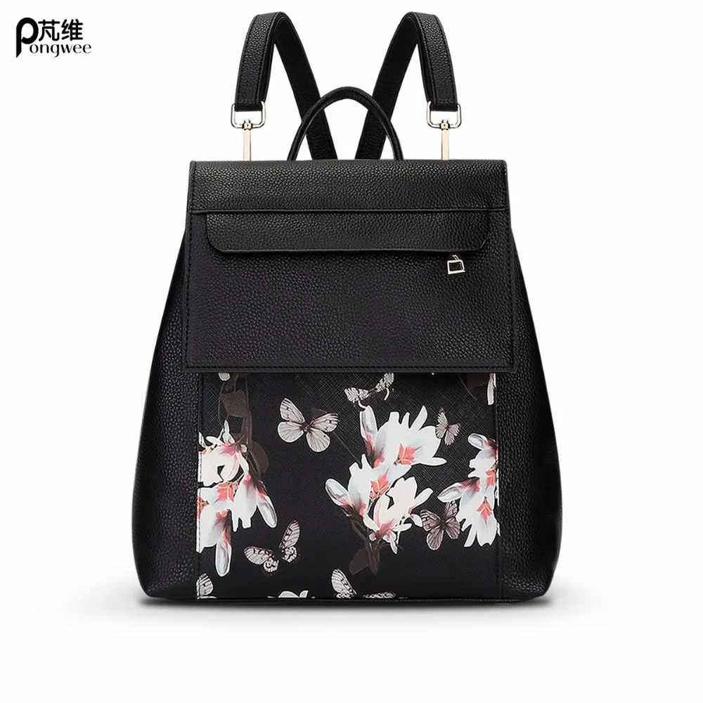 

PONGWEE High Quality PU Leather School Bag New Flower Women Drawstring Backpack Fashion School Lady Casual Print Backpack