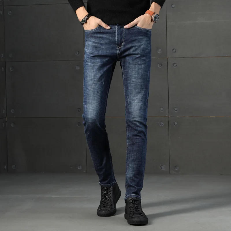 Spring 2019 New Men`s Mid-Waist Retro Blue Elastic Slim Fit Straight Denim Pants Fashion Distressed Casual Stretch Jeans 28-36