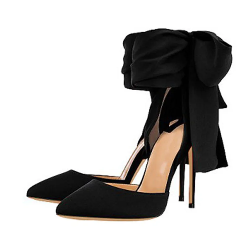 Brand Shoes Elegant Silk Satin Riband Bowknot High Heels Women Pointed Toe Party Wedding Stiletto Shoes 12cm Big Size 34-46