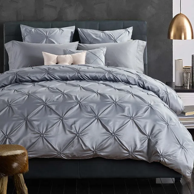 Best Offers Hand-made Pinch Pleat bedding sets queen king size 4pcs silver gray bed cover solid color satin duvet cover set bed sheet cotton Best Offers Hand-made Pinch Pleat bedding sets queen king size 4pcs silver gray bed cover solid color satin duvet cover set bed sheet cotton
