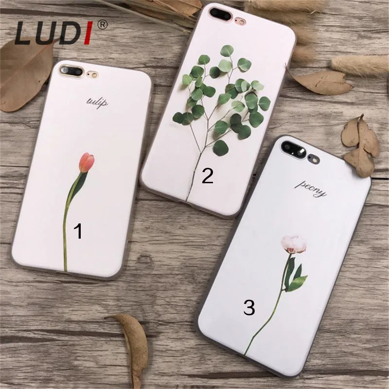 LUDI Hot 3D Leaves Tulip Peony Flower Petal Case Cover for iPhone 7 8 plus Luxury Fundas 6 6s Plus Soft TPU Phone |