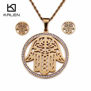 

KALEN Bulgaria Gold Fatima Hand Jewelry Sets For Women Rhinestone & Stainless Steel Hamsa Hand Pendant Necklace & Earrings Sets