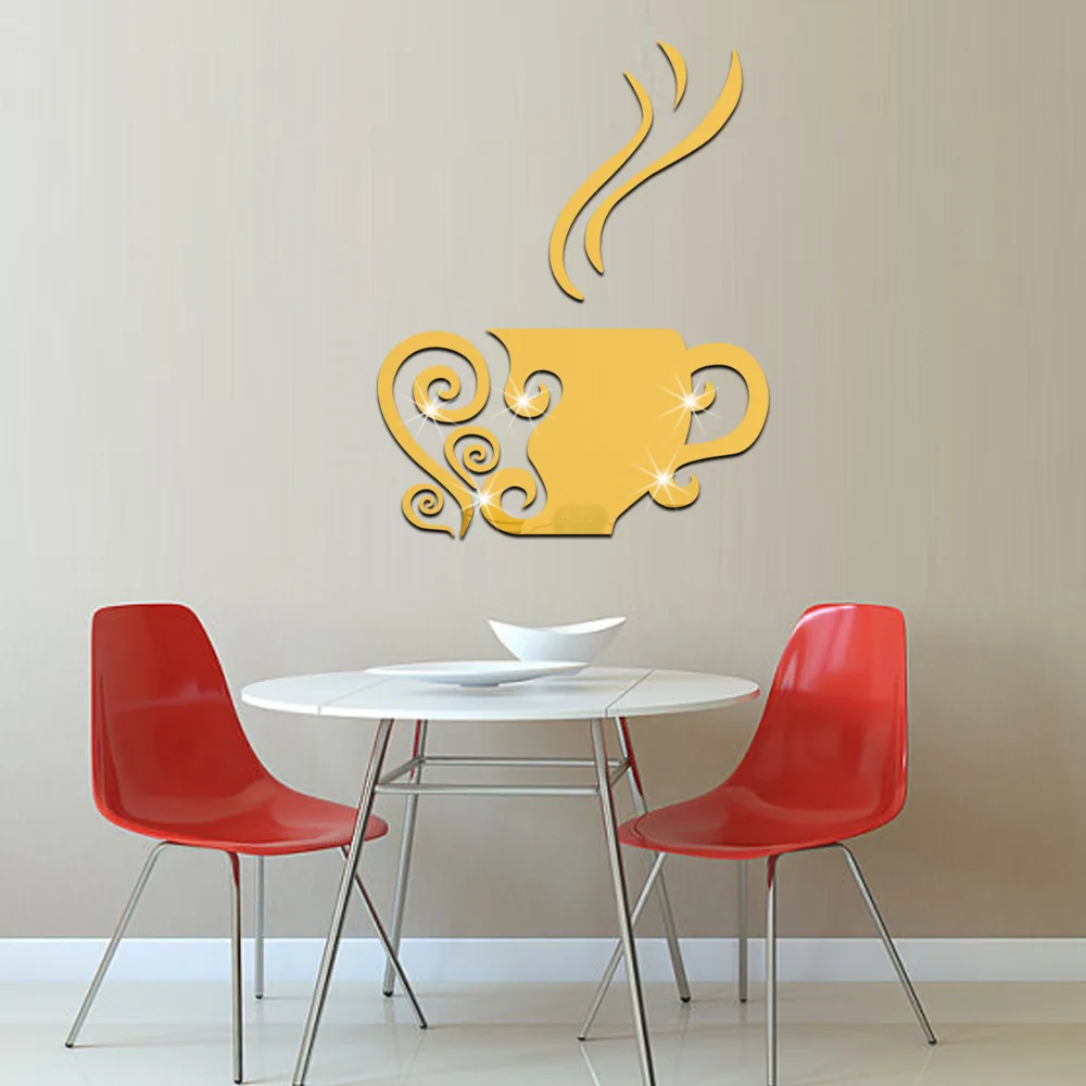 

3D Coffee Cup Acrylic Mirror Wall Stickers Casual Coffee Shop Living Rooms Home Decor Mirrored Decorative Sticker Wall Art Decal