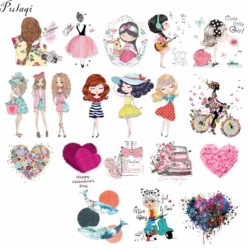 

Pulaqi Cute Girl Lifestyle Patch Iron On Transfer For T-Shirts Clothes Heat Thermal Transfers Patch Paste For Kids Stickers F