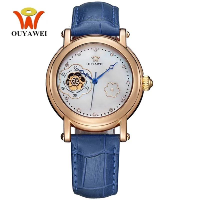 

OUYAWEI Women mechanical watches Simple Flower design Dial Female simple Genuine Leather band Clock fashion casual Wrist watch