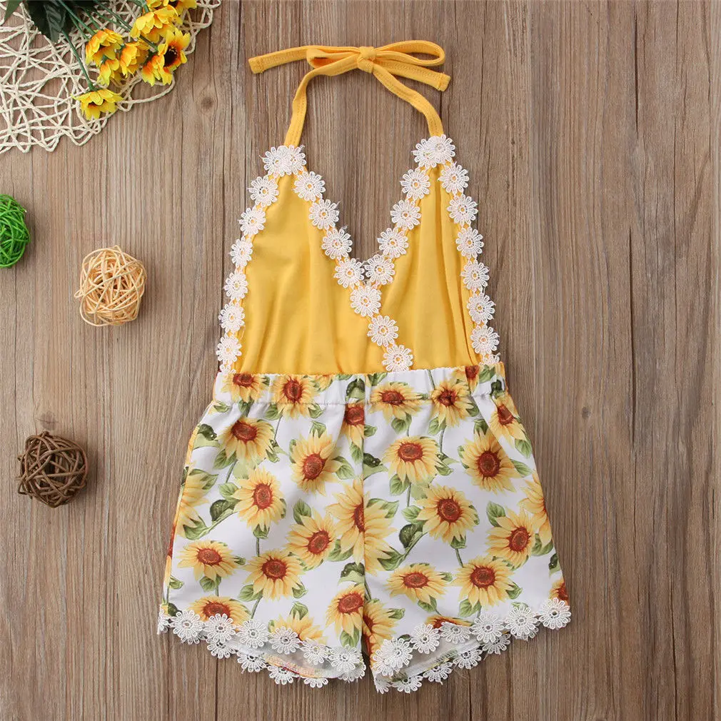 

2019 Brand New 0-5Y Summer Toddler Baby Girls Romper Jumpsuits Lace Sleeveless Belt V-Neck Sunfolwer Yellow Patchwork