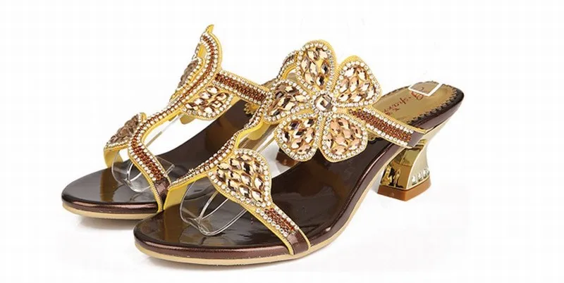

New 2016 Open Toe High Heels Sandals Summer Slippers Thick Heel Rhinestone Shoes Women Leather Shoes Big Size 34-44 Sandalias
