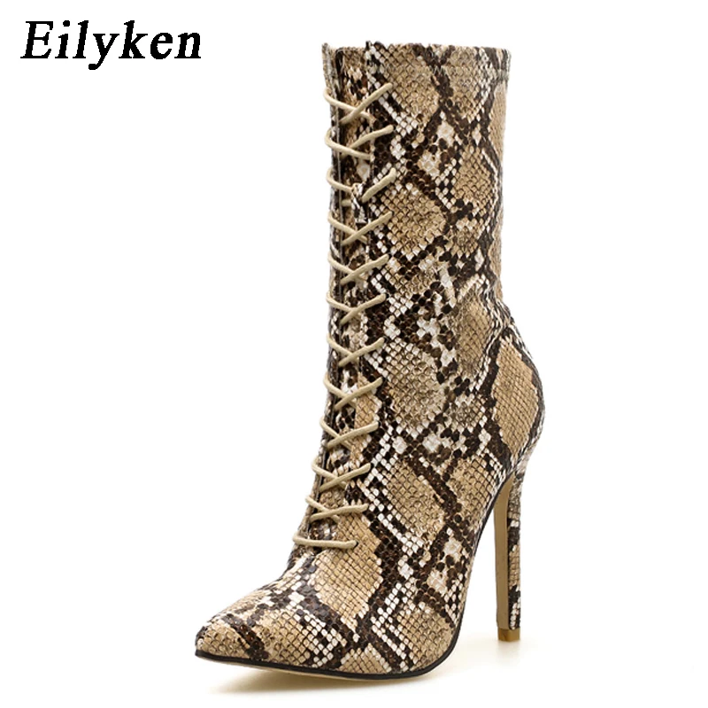 Eilyken/женские ботинки на шнуровке; ботильоны со змеиным принтом на высоком каблуке; модная пикантная женская обувь с острым носком; Новинка года; ботинки «Челси»