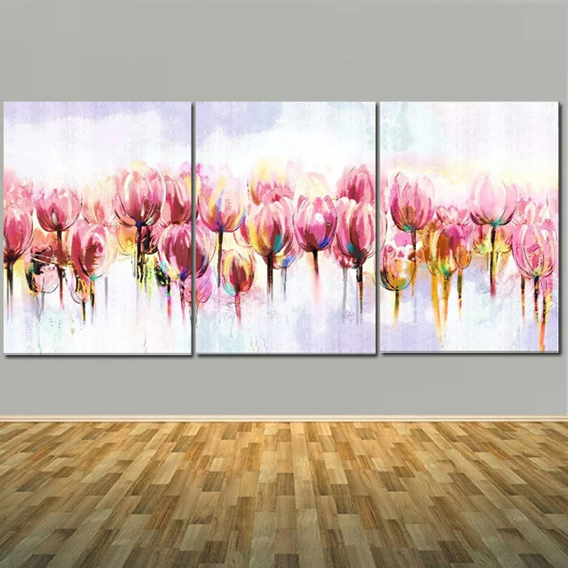 

Hand Painted Modern Abstract Three panles Oil Painting Pink Tulip 3 pieces/set Wall Picture Living Room Home Wall Decoration Art