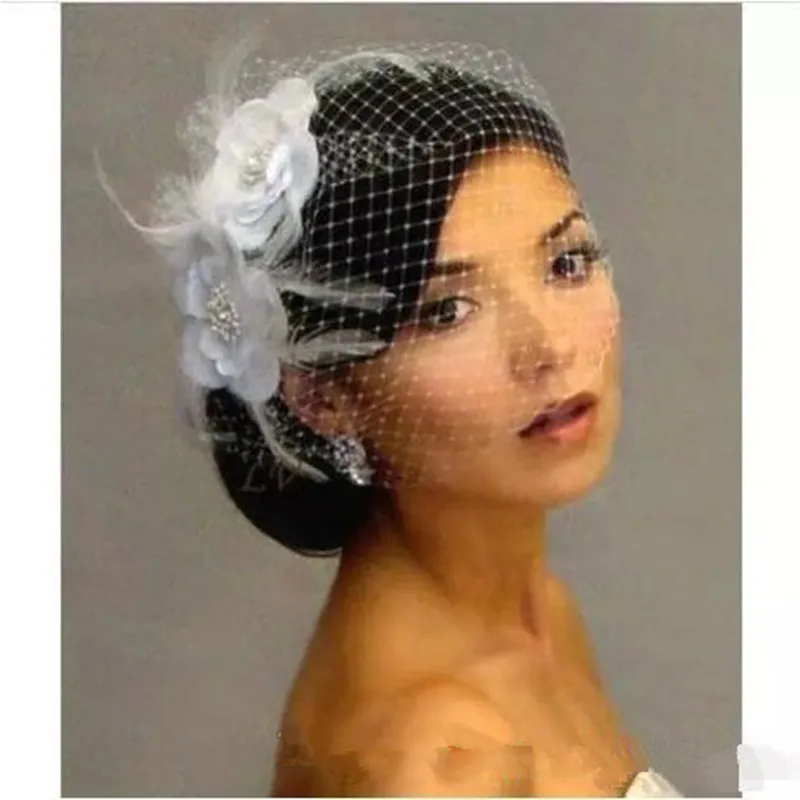 

White Birdcage Veil Bridal Wedding Veil with Comb Flowers Crystals and Feather Wedding Accessories