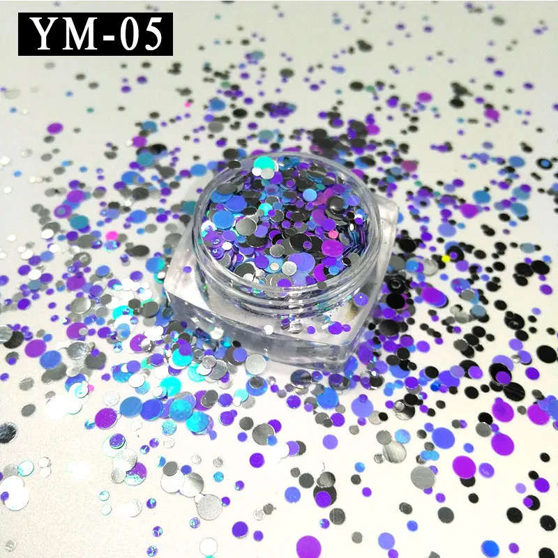 

YM-05-1Box 1mm 2mm 3mm Siver&purple&blue Glitter Nail Holographic Glitter Acrylic Glitter Mixes Holo Sequins Round Glitter