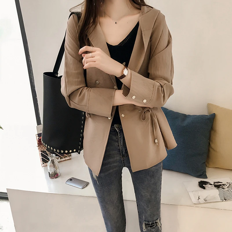 

Women's Jacket Spring Autumn BF Style Casual Coats With Belt Plus Size(4XL) Japan Harajuku Wild Hooded Windbreaker Women Tops