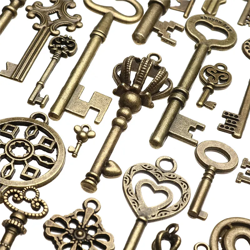 KiWarm 130 шт старинное бронзовое ожерелье в старинном стиле со старым бронзовым орнаментом в форме скелета и ключей, ожерелье с подвеской, необычное сердце, сделай сам, подарки для рукоделия
