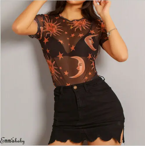 

Sun Star Moon Printed Woman See-Through Transparent Mesh Croped Tops Female Short Sleeve Sheer Slim Ladies Classical T-Shirt