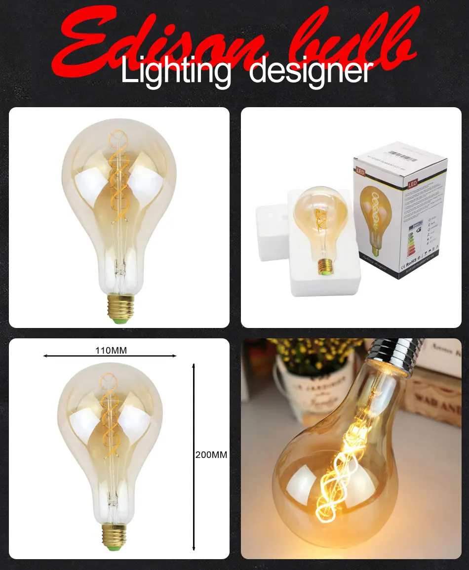 Grande do Vintage Lâmpada de Calor Ps35 e a110 Tamanho Decoração da Lâmpada Led Filamento da Lâmpada Led Edison Lâmpada Gigante Macio 4 w 220 v Brilho 13 led gigante edison lâmpada suave led filamento