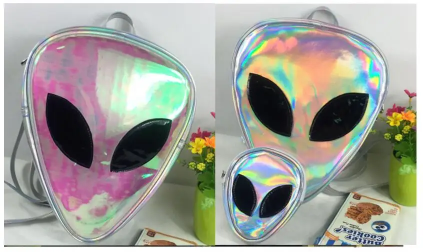 Us 13 19 12 Off 1 Piece Triangle 3d Alien Et Head Face Designed Message Bag Shoulder Colorful Laser Backpack In Backpacks From Luggage Bags On