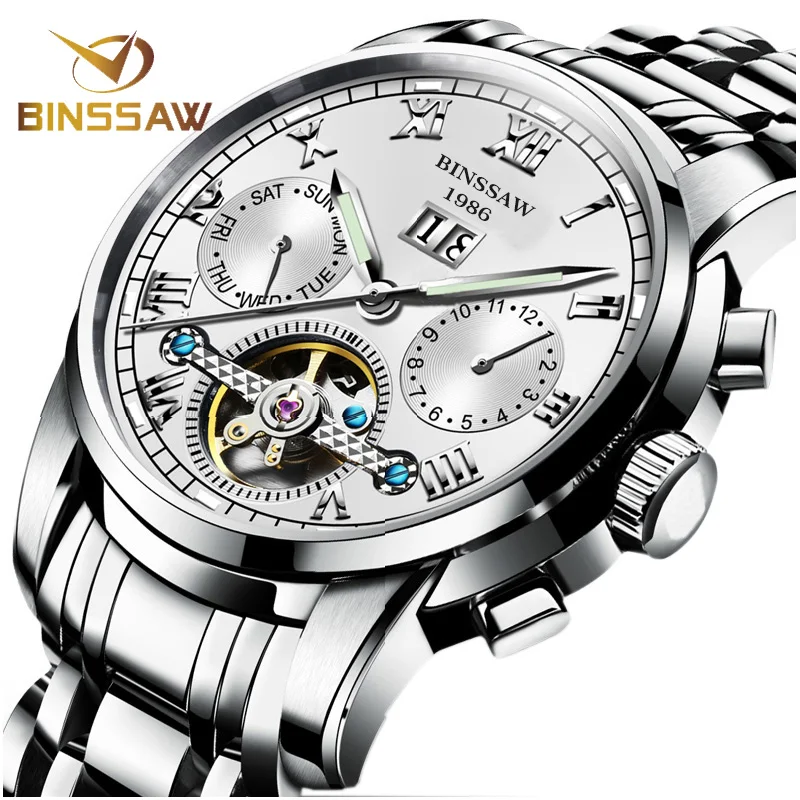 BINSSAW Muži Automatické mechanické hodinky Tourbillon Značka Luxusní nerezová ocel Relojes Montre Homme Náramkové hodinky Reloj Hombre