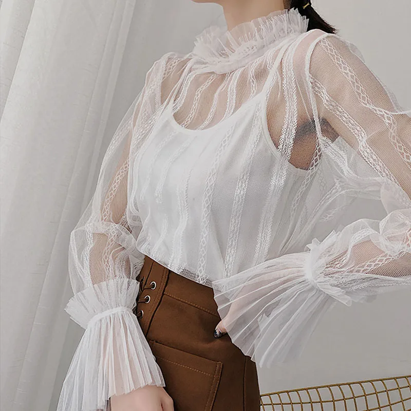 Woherb, сексуальная, перспективная, сетчатая блузка, женская, Корейская, элегантная, с оборками, кружевная рубашка,, прозрачная, летняя, Blusas 22091