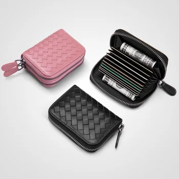 

genuine leather zipper sheepskin card holder bag women's weaving credit card bag