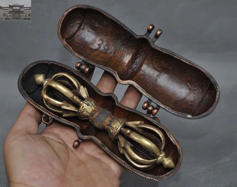 

christmas Old Tibet Tantra Bronze Silver phurpa Box Phurpa Pestle Vajra Talismans FaQi Set New Year