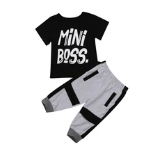 Повседневная одежда для маленьких мальчиков комплект из 2 предметов, черная футболка с надписью для маленьких мальчиков топы и штаны осенняя одежда из 2 предметов одежда для маленьких мальчиков