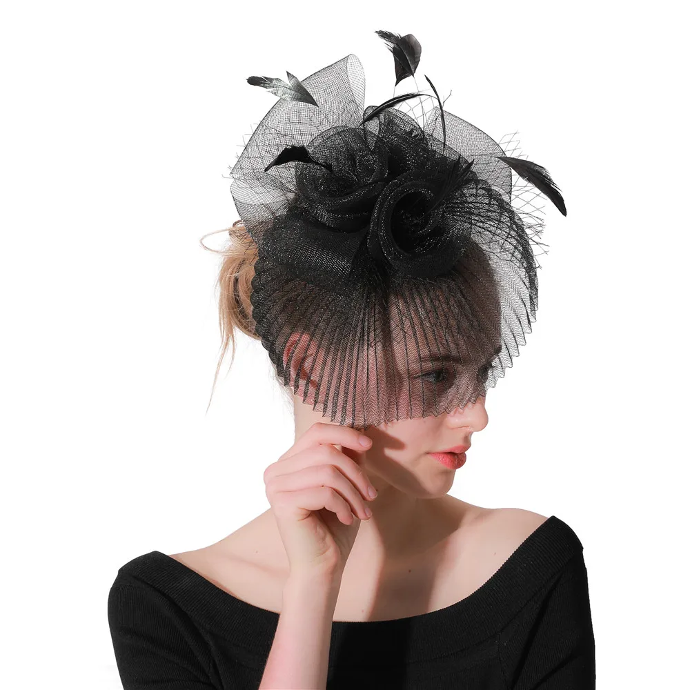 

Black fascinators wedding veils hats elegant ladies feathers church headwear female party tea headdress with hair clips XMF137