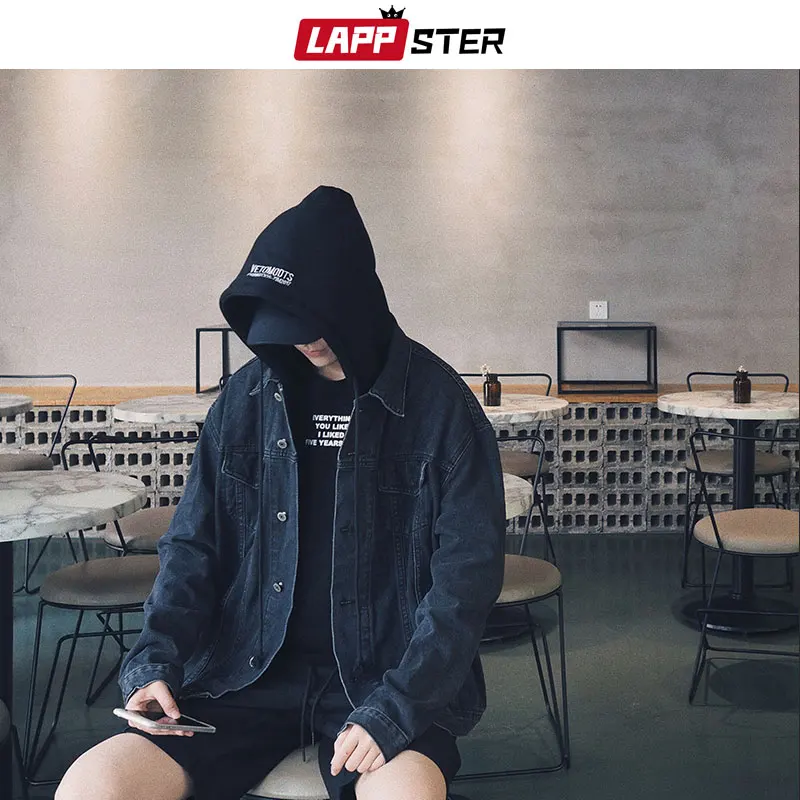 Куртка LAPPSTER Мужская джинсовая с капюшоном уличная одежда вышивкой ветровка в