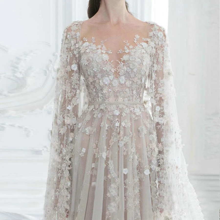 

Vintage Ivory Lace Wedding Dress Tulle A Line Wedding Dress with Long Sleeves Handmade Flowers Beading Bridal Dress