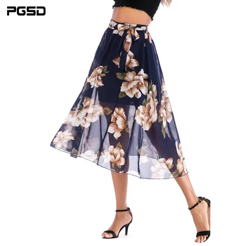 

PGSD New Spring Summer Fashion Women Clothes Fresh casual Coloured Flower printing Micro penetration Chiffon Long Skirt female