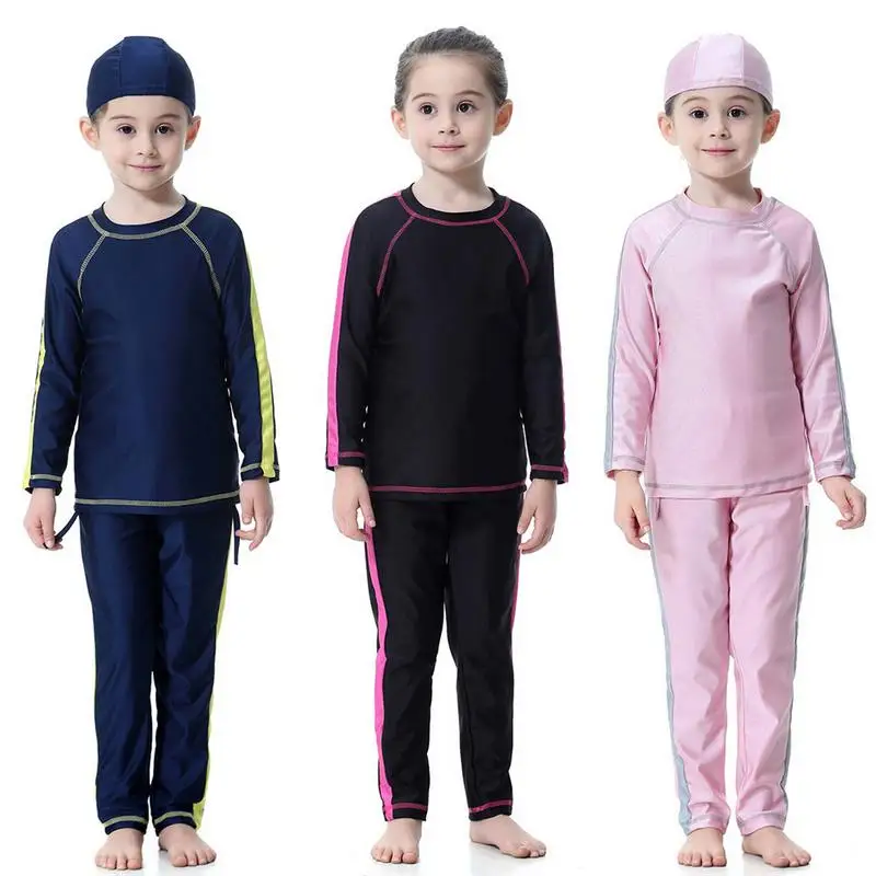 

New Kids Girl's Muslim Conservative Cover Heart Print Swimsuit Islamic Long Sleeve Swimwear Patchwork Hooded Jacket And with Cap