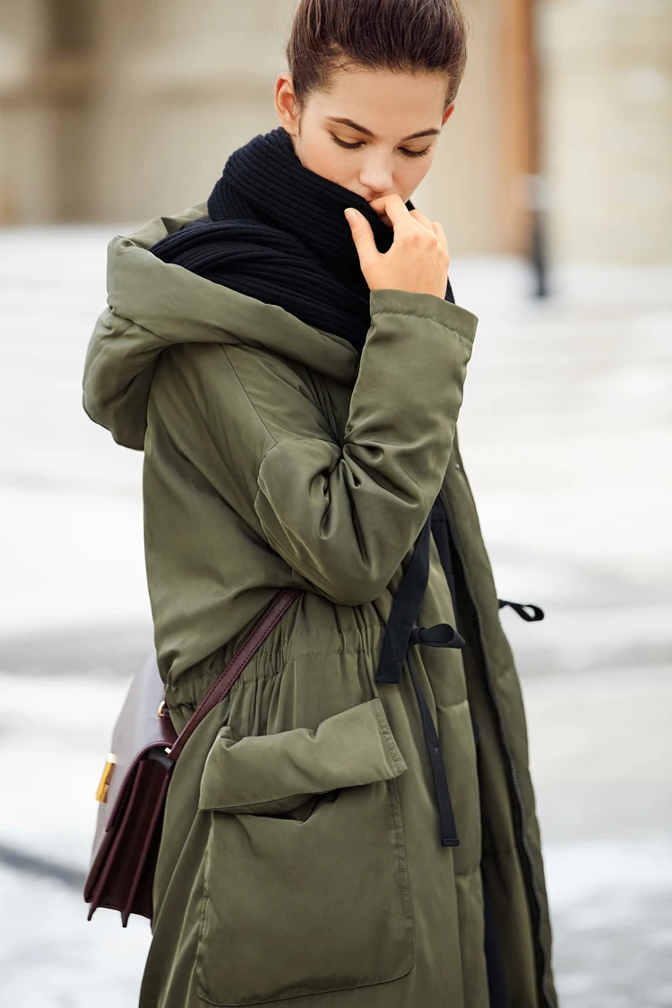 Amii минималистичный женский зимний однотонный длинный худи на шнурке с карманом 90% белый утиный пух пальто