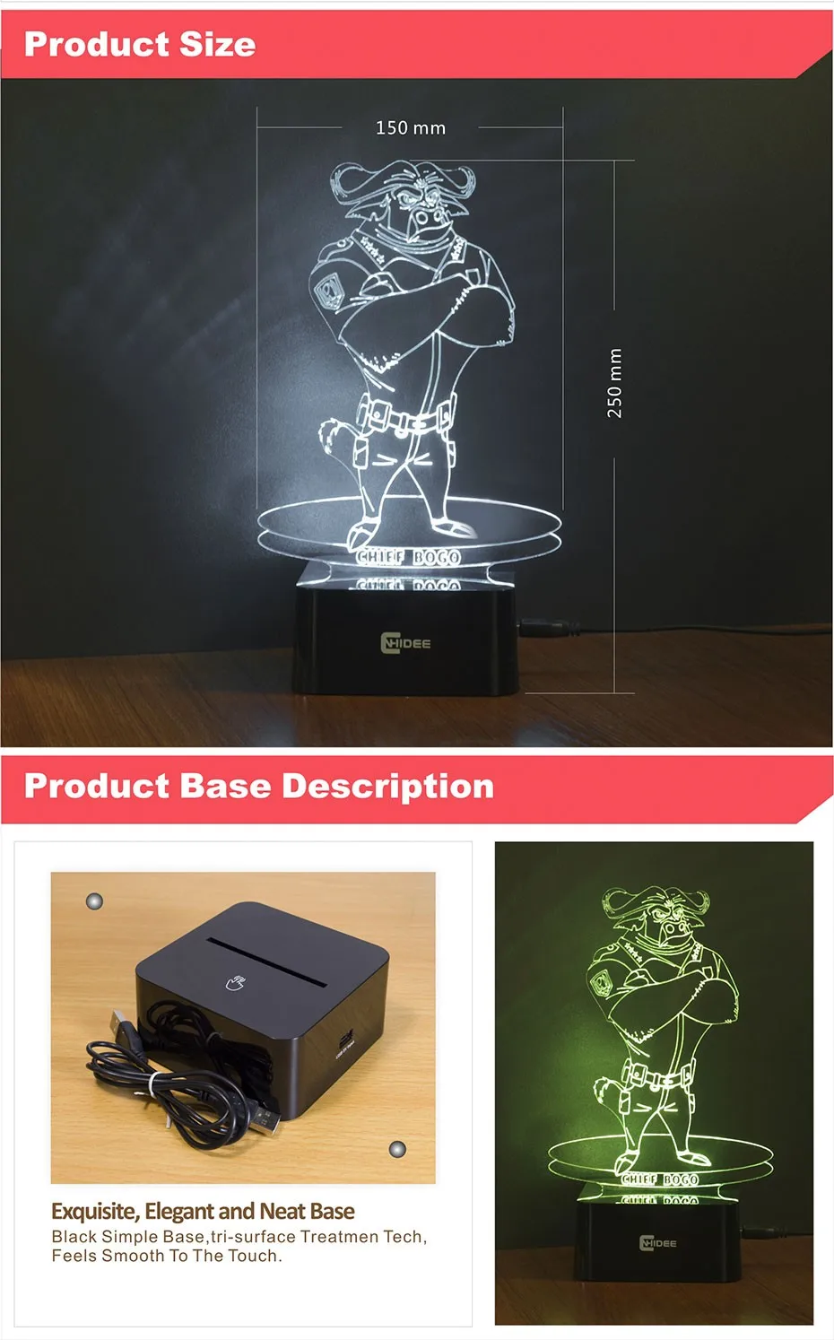 USB Novelty for Zootopia Chief Bogo Baby 3D Night Light Bedroom Decor Besides Desk Table LED Lamp 7 Clors Changeable (4)