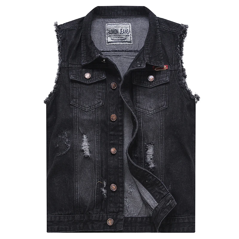 Summer Spring Mens Casual Ripped Hole Black Sleeveless Denim Vest