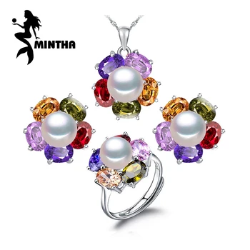 

MINTHA 925 Sterling Silver Ruby Jewelry sets Natural Pearl Earrings For Women Bohemian Colorful Flower Pendant And Ring