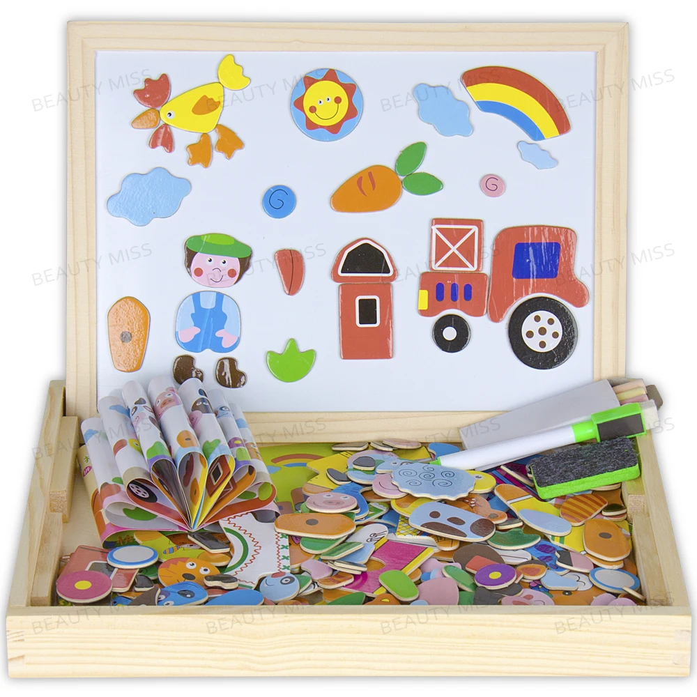 Деревянная ферма Магнитная мольберт доска головоломки игрушка коробка с доской и белой доской для детей, чтобы рисовать