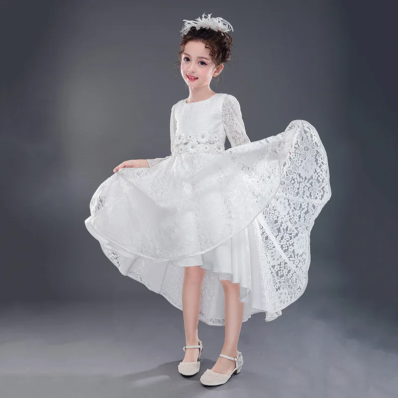 White Girls Wedding Dress 2017 Ball Gown Fall Kids Lace Dress High