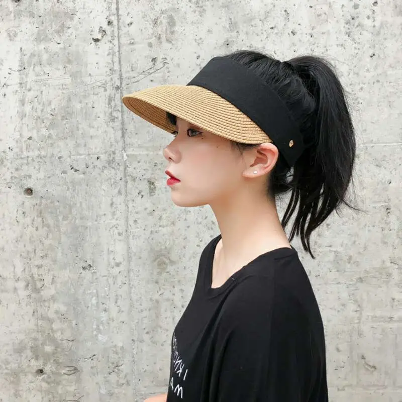 

Women Girls Summer Straw Weave Sun Visor Hat Empty Top Contrast Color Wide Brim UV Protection Adjusted Portable Peaked Beach Cap
