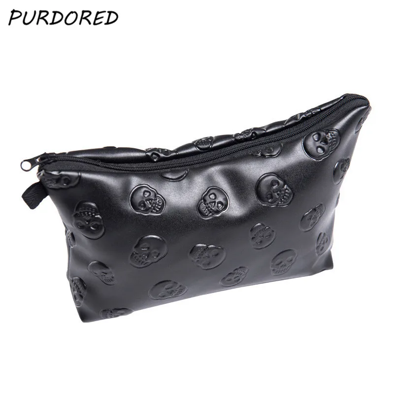 

PURDORED 1 pc Black Skull Cosmetic Bag Women Leather Makeup Bag Travel Organizer For Cosmetics Toiletry Kit Bag Dropshipping