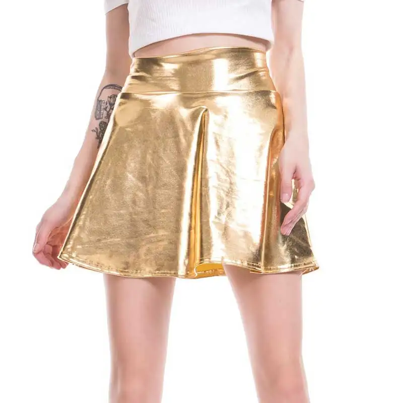Женская XXL голографическая юбка короткая Серебряная Лазерная блестящая юбка размера плюс плиссированная юбка из искусственной кожи голограмма Глянцевая короткая юбка вечерние