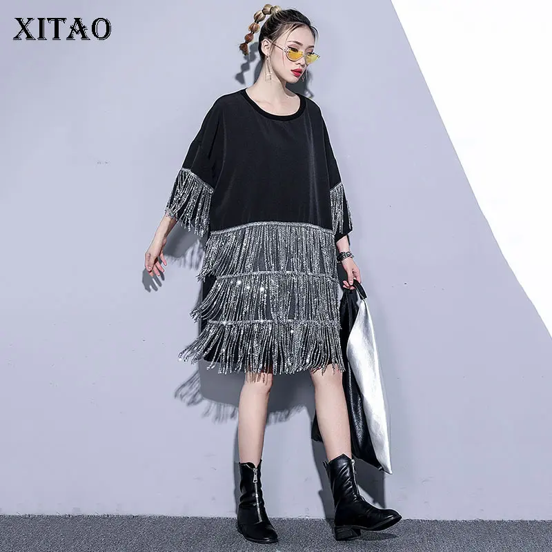 XITAO комбинированное Черное мини-платье с блестками и кисточками для женщин