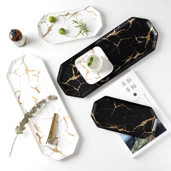 

Nordic Gold Plated Storage Trays Dinner Plate Dish Set Ceramic Steak Home Tableware Dessert Salad Cake Tray Kitchen Food Dishes