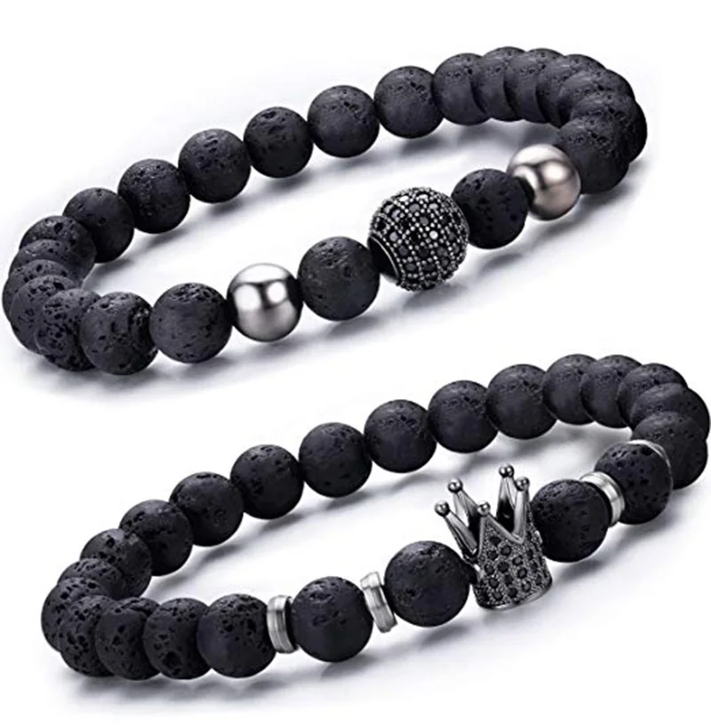 2 Pcs/Set Black Lava Stone Crown Bracelet Set Luxury CZ Paved Couple