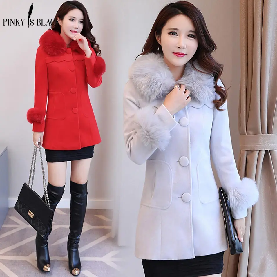 Pinky Is Black Winter Woolen Coats For Women Fashion Solid Single Breasted Overcoat Fur Collar Slim Outerwear Female Trench Coat