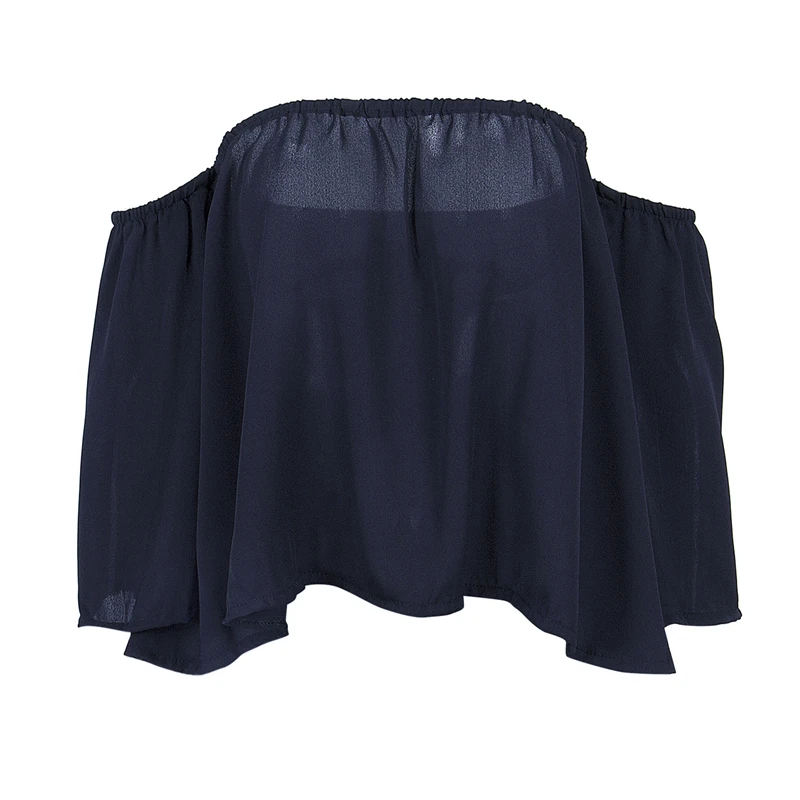 Сексуальная Женская Повседневная рубашка в стиле бохо с открытыми плечами, летние укороченные топы, белая шифоновая рубашка с расклешенными рукавами, женская элегантная блузка в стиле Харадзюку - Цвет: Синий